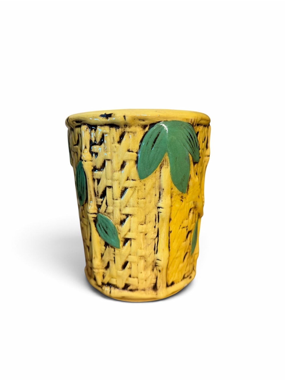 Vintage Yellow Ceramic Planter with Bamboo Motif